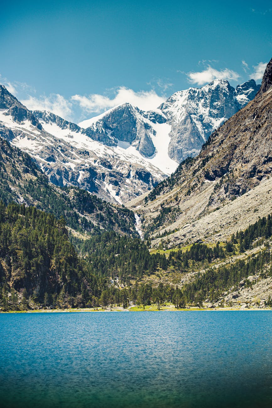 Crystal clear mountain lake surrounded by peaks